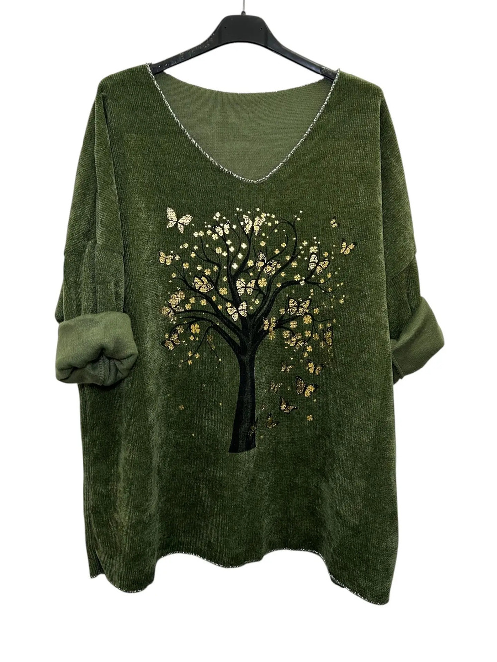 L1702 | Loowie Whimsical Tree & Butterfly Print Velvet Top | Olive | One Sz S-L